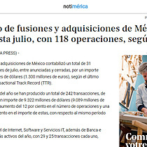 El mercado de fusiones y adquisiciones de Mxico crece un 12% hasta julio, con 118 operaciones, segn TTR